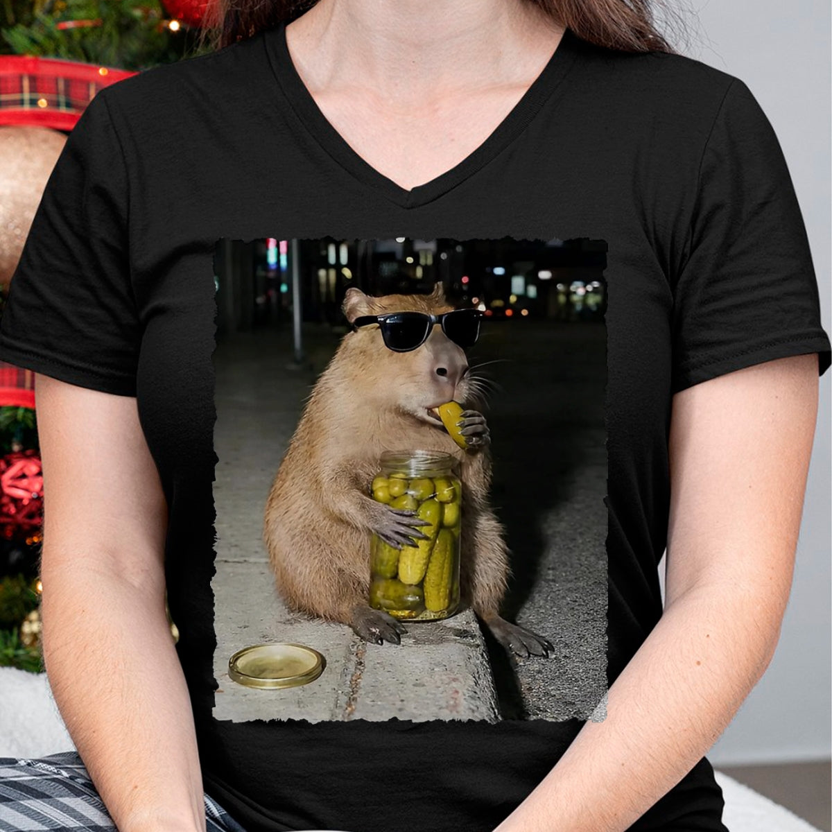 Cute Capybara Shirt, Funny Capybara Unisex T-Shirt/Hoodie/Sweatshirt HLT00 - Funny Capybara Eating Pickles Meme T-Shirt, Men, Black, 3X-Large
