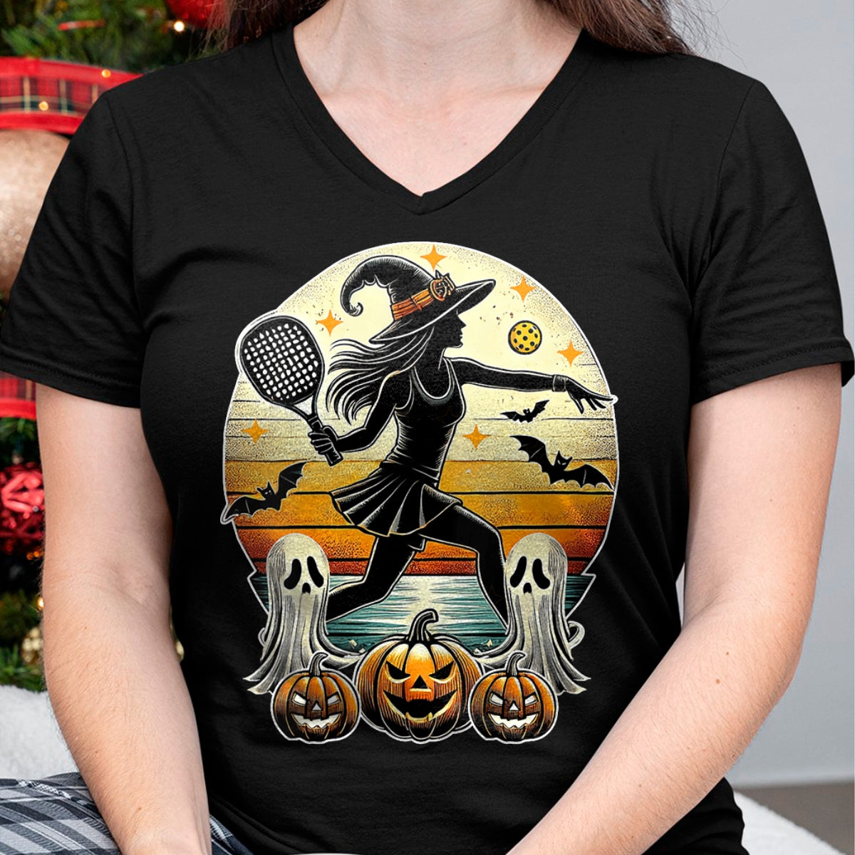 Funny Pickleball Shirt, Pickleball Lover Unisex T-Shirt/Hoodie/Sweatshirt HLT00 - Womens Pickleball Halloween Witch Playing - Jackolantern Ghost V-Neck T-Shirt