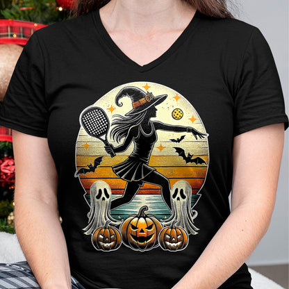 Funny Pickleball Shirt, Pickleball Lover Unisex T-Shirt/Hoodie/Sweatshirt HLT00 - Womens Pickleball Halloween Witch Playing - Jackolantern Ghost V-Neck T-Shirt