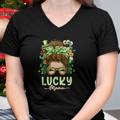 Gift for Mom Shirt, Funny Mom Unisex T-Shirt/Hoodie/Sweatshirt HLT00 - Lucky Mama St Patricks & Mothers Day Mom Messy Bun Irish T-Shirt