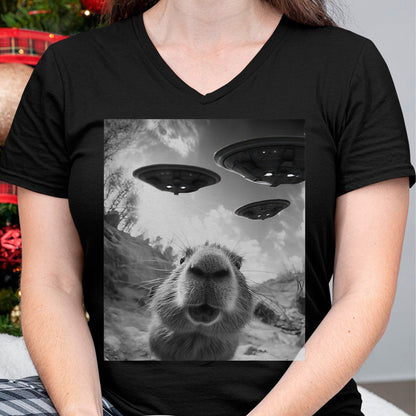 Cute Capybara Shirt, Funny Capybara Unisex T-Shirt/Hoodie/Sweatshirt HLT00 - Funny Capybara Selfie with UFOs Weird Graphic Tee Alien UFO T-Shirt