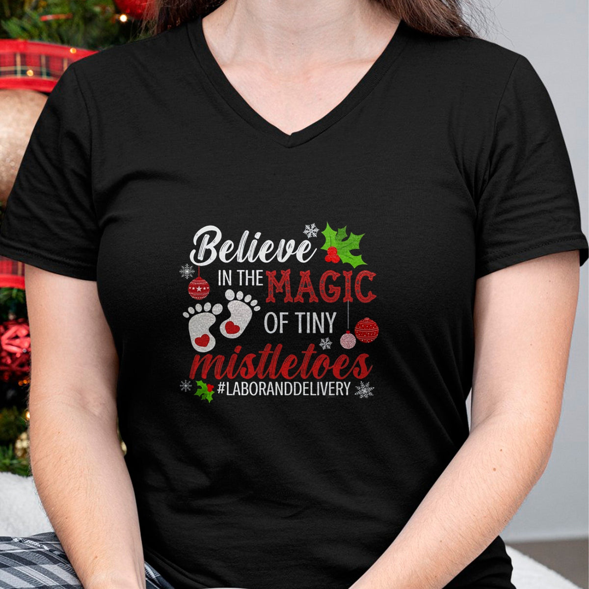 Funny Nurse Shirt, Nurse Unisex T-Shirt/Hoodie/Sweatshirt HLT00 - Magic of Tiny Mistletoes Tee Labor And Delivery Christmas T-Shirt