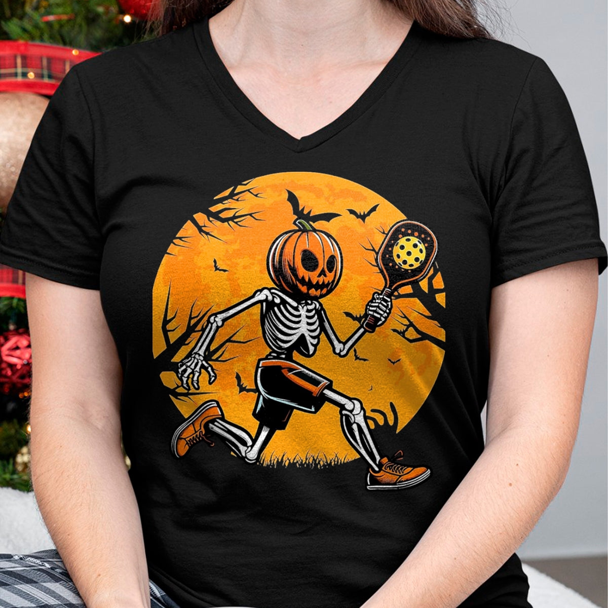 Funny Pickleball Shirt, Pickleball Lover Unisex T-Shirt/Hoodie/Sweatshirt HLT00 - Halloween Pickleball Pumpkin Skeleton Pickleball Halloween T-Shirt