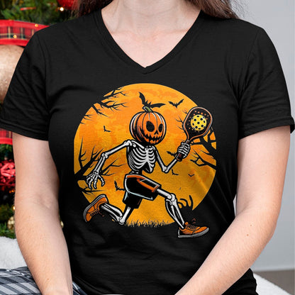 Funny Pickleball Shirt, Pickleball Lover Unisex T-Shirt/Hoodie/Sweatshirt HLT00 - Halloween Pickleball Pumpkin Skeleton Pickleball Halloween T-Shirt