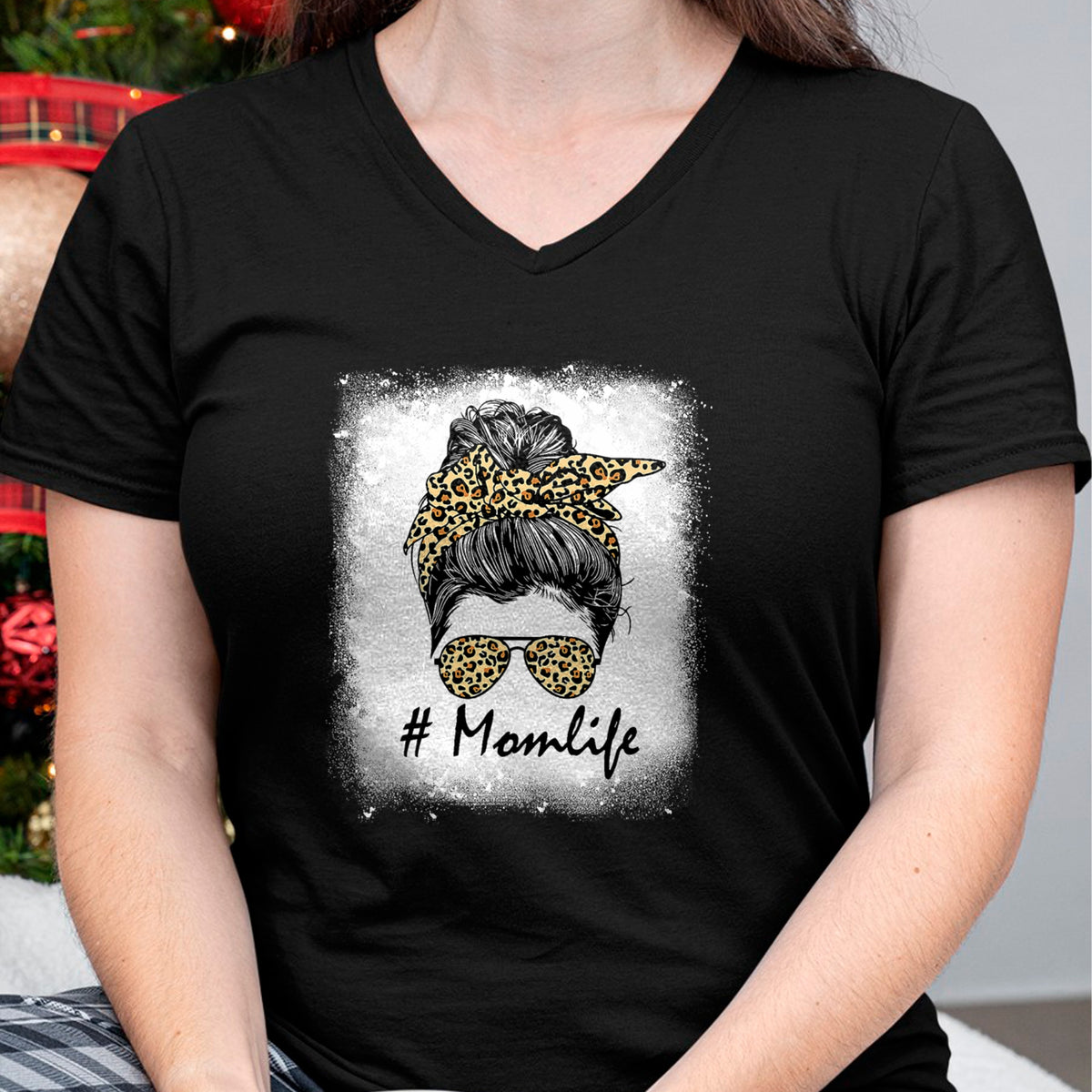 Gift for Mom Shirt, Funny Mom Unisex T-Shirt/Hoodie/Sweatshirt HLT00 - Mom Life Bleached Shirt Mom Life Leopard Messy Bun T-Shirt