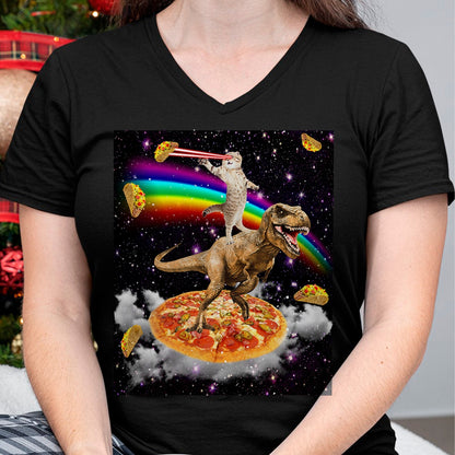 Cat Love Shirt, Funny Cat Lover Gift UnisexT-Shirt/Hoodie/Sweatshirt HLT00 - Galaxy Laser Cat on Dinosaur on Pizza with Tacos & Rainbow T-Shirt