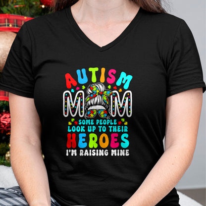 Gift for Mom Shirt, Funny Mom Unisex T-Shirt/Hoodie/Sweatshirt HLT00 - Autism Mom Raising Hero Groovy Messy Bun Autism Awareness T-Shirt