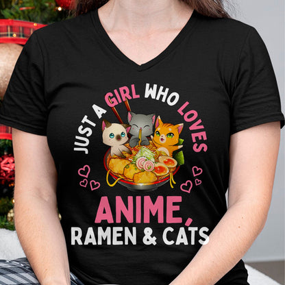 Cat Love Shirt, Funny Cat Lover Gift UnisexT-Shirt/Hoodie/Sweatshirt HLT00 - Just a Girl Who Loves Anime Ramen and Cats Kawaii Manga Gift Long Sleeve T-Shirt