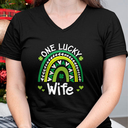 Best Wife Shirt, Wife and Husband Unisex T-Shirt/Hoodie/Sweatshirt HLT00 - Gift for wife T shirt, lucky wife   Womens One Lucky Wife Boho Rainbow St Patricks Day Shamrock V-Ne