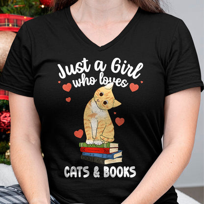 Cat Love Shirt, Funny Cat Lover Gift UnisexT-Shirt/Hoodie/Sweatshirt HLT00 - Just a Girl Who Loves Cats and Books Reading Cat & Bookworm T-Shirt