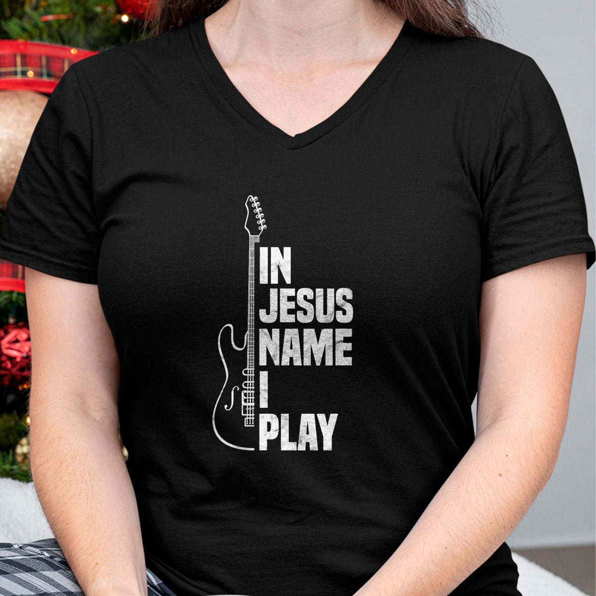 Christian Tee, Christian Faith Unisex T-Shirt/Hoodie/Sweatshirt HLT00 - In Jesus Name I Play Guitar Christian Guitar Player T-Shirt