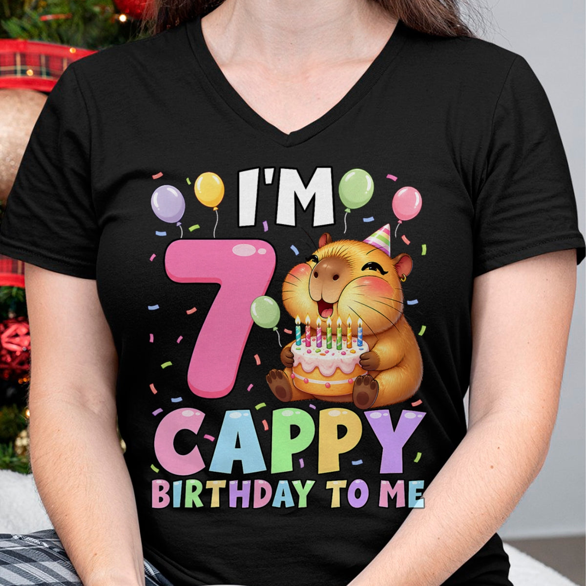 Cute Capybara Shirt, Funny Capybara Unisex T-Shirt/Hoodie/Sweatshirt HLT00 - Kawaii Girl Capybara 7th Birthday to Me Balloons Capy Cake T-Shirt
