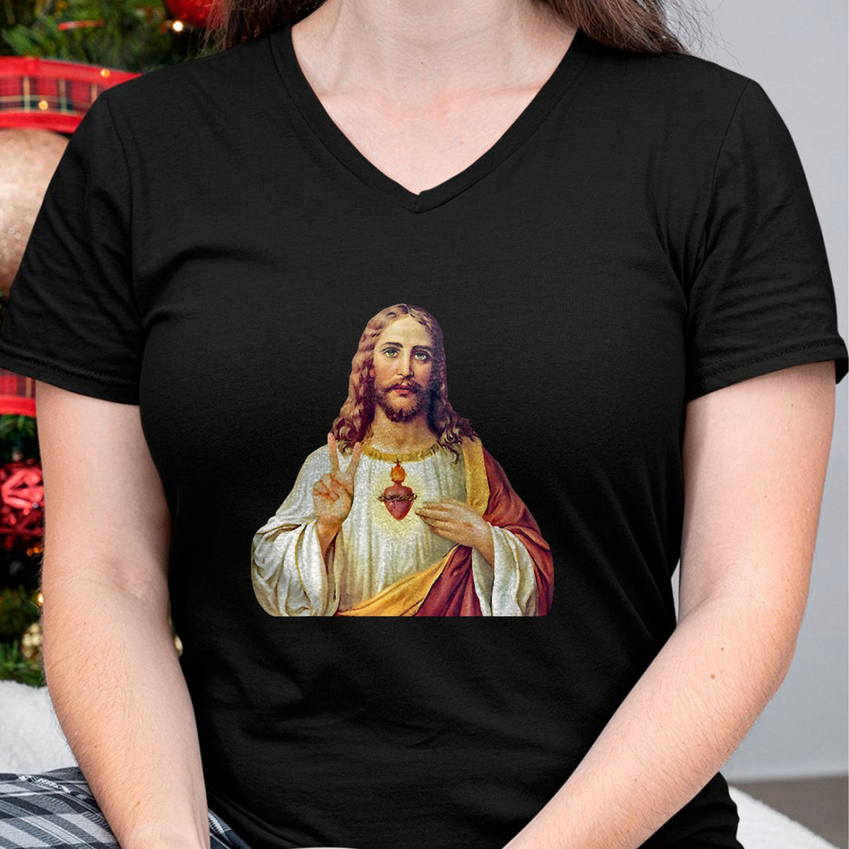 Christian Tee, Christian Faith Unisex T-Shirt/Hoodie/Sweatshirt HLT00 - Jesus Christ Sacred Heart Peace Sign Portrait T-Shirt