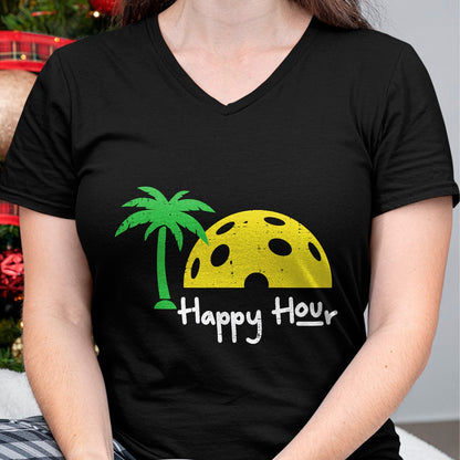 Funny Pickleball Shirt, Pickleball Lover Unisex T-Shirt/Hoodie/Sweatshirt HLT00 - Pickle Ball Happy Hour Palm Tree Pickleball Men Women Kids T-Shirt