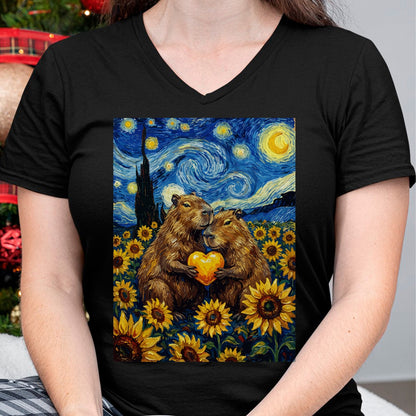 Cute Capybara Shirt, Funny Capybara Unisex T-Shirt/Hoodie/Sweatshirt HLT00 - Capybara Starry Night with Heart and Sunflowers Long Sleeve T-Shirt