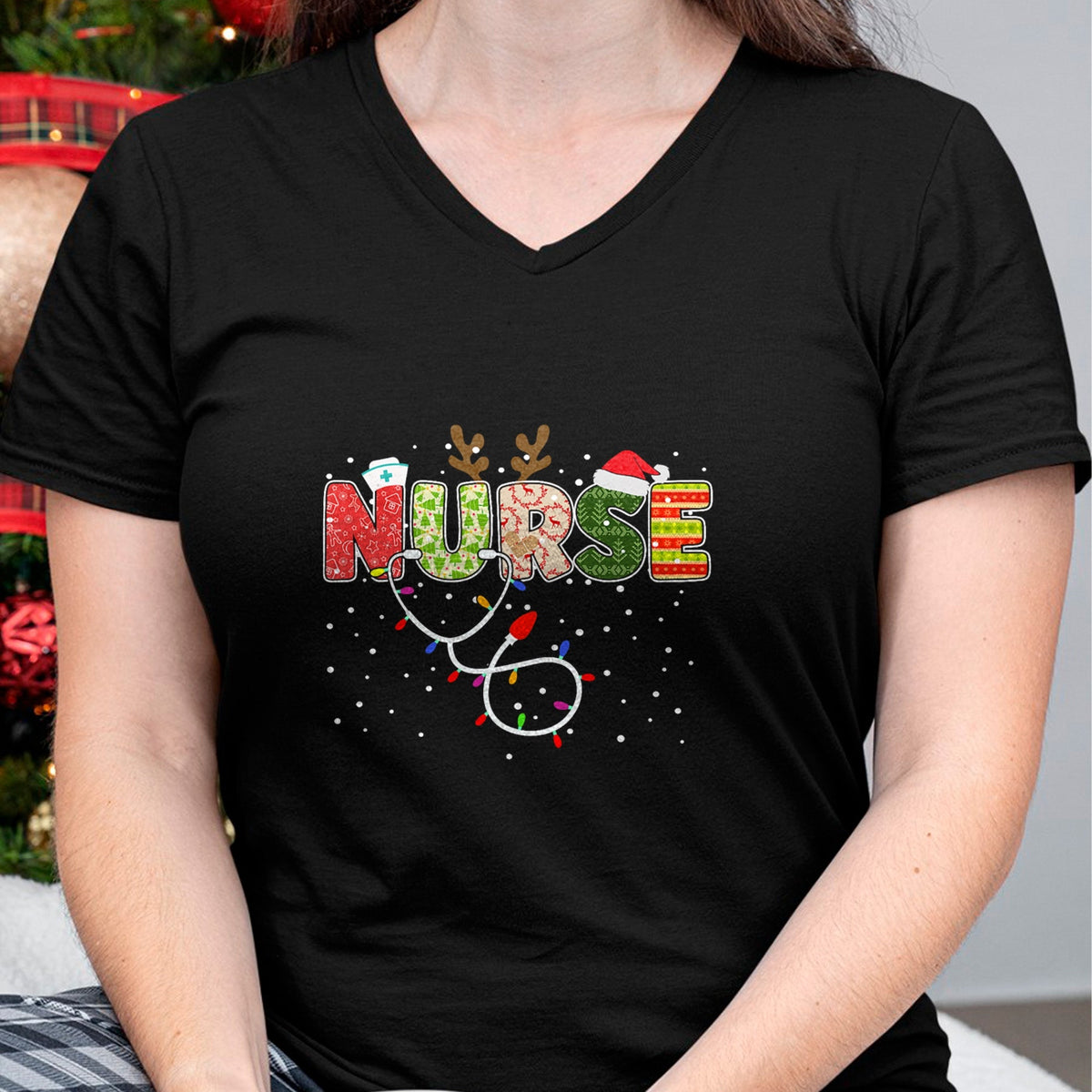 Funny Nurse Shirt, Nurse Unisex T-Shirt/Hoodie/Sweatshirt HLT00 - Stethoscope Santa Hat Reindeer Xmas Christmas Nurse T-Shirt
