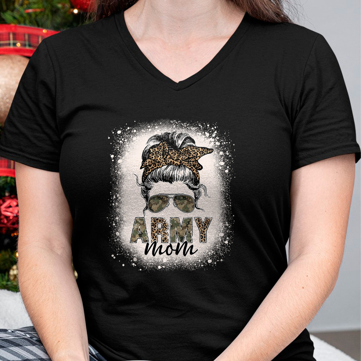 Gift for Mom Shirt, Funny Mom Unisex T-Shirt/Hoodie/Sweatshirt HLT00 - Proud Army Mom Women Leopard Camo Messy Bun Bleached T-Shirt