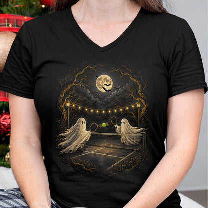 Funny Pickleball Shirt, Pickleball Lover Unisex T-Shirt/Hoodie/Sweatshirt HLT00 - Ghosts on Court Full Moon Bats Ghostly Halloween Pickleball T-Shirt