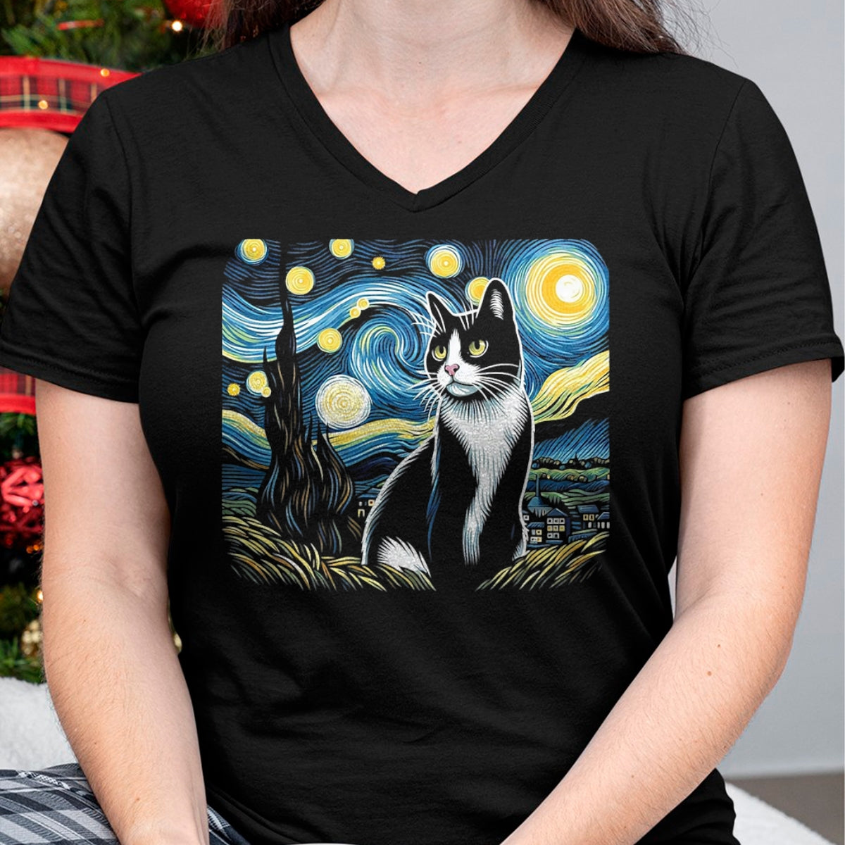 Cat Love Shirt, Funny Cat Lover Gift UnisexT-Shirt/Hoodie/Sweatshirt HLT00 - Tuxedo Cat Starry Night Painting Tuxedo Cat Owner T-Shirt, Men, Black, 3X-Large