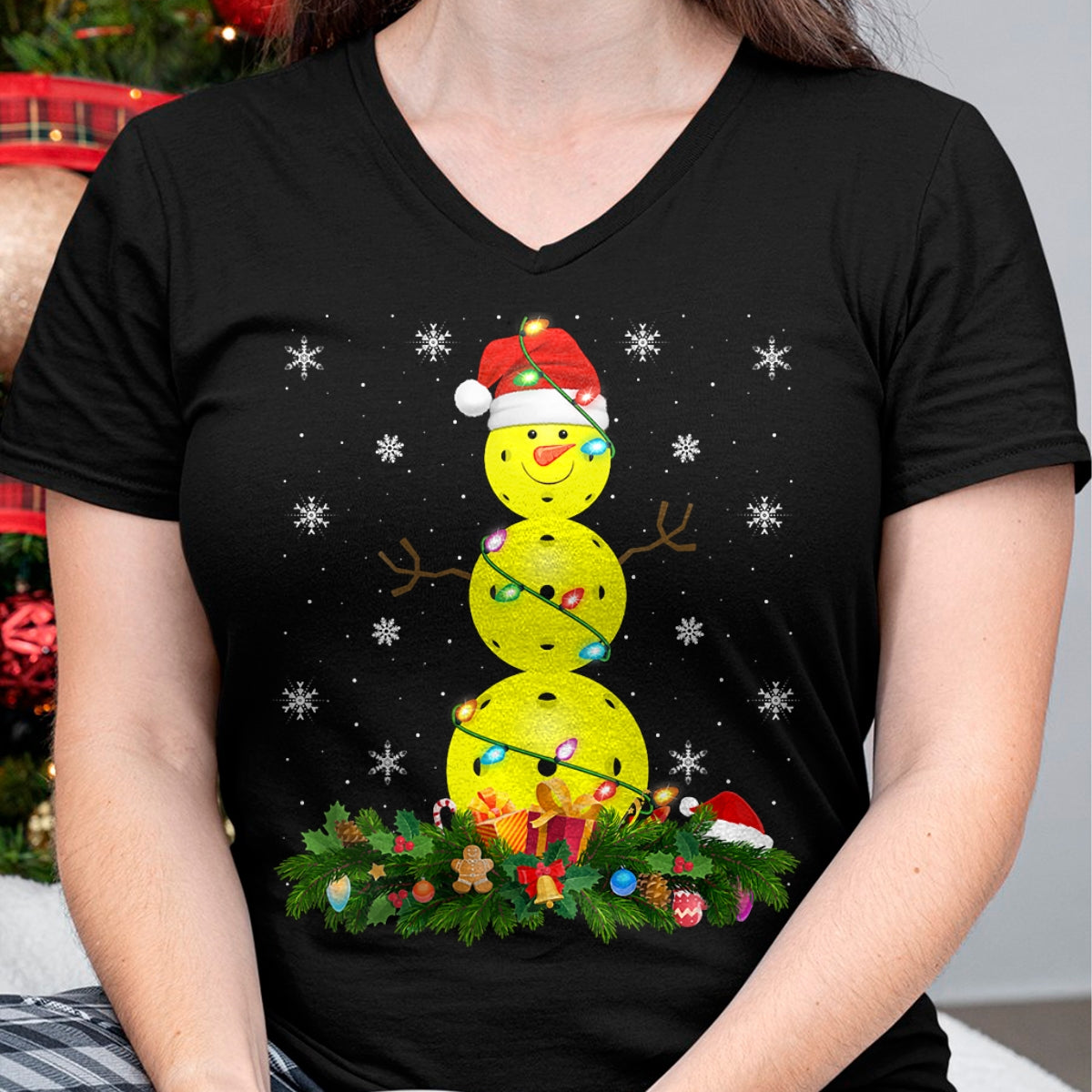 Funny Pickleball Shirt, Pickleball Lover Unisex T-Shirt/Hoodie/Sweatshirt HLT00 - Womens Pickleball Snowman Xmas Lighting Santa Pickleball Christmas V-Neck T-Shirt