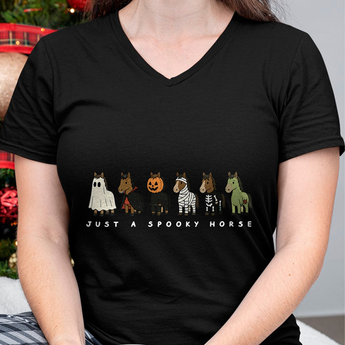 Best Horse Lover Shirt , Funny Horse UnisexT-Shirt/Hoodie/Sweatshirt HLT00 - Women_s Cute Funny Just A Spooky Horse Ghost Monsters Halloween V-Neck T-Shirt