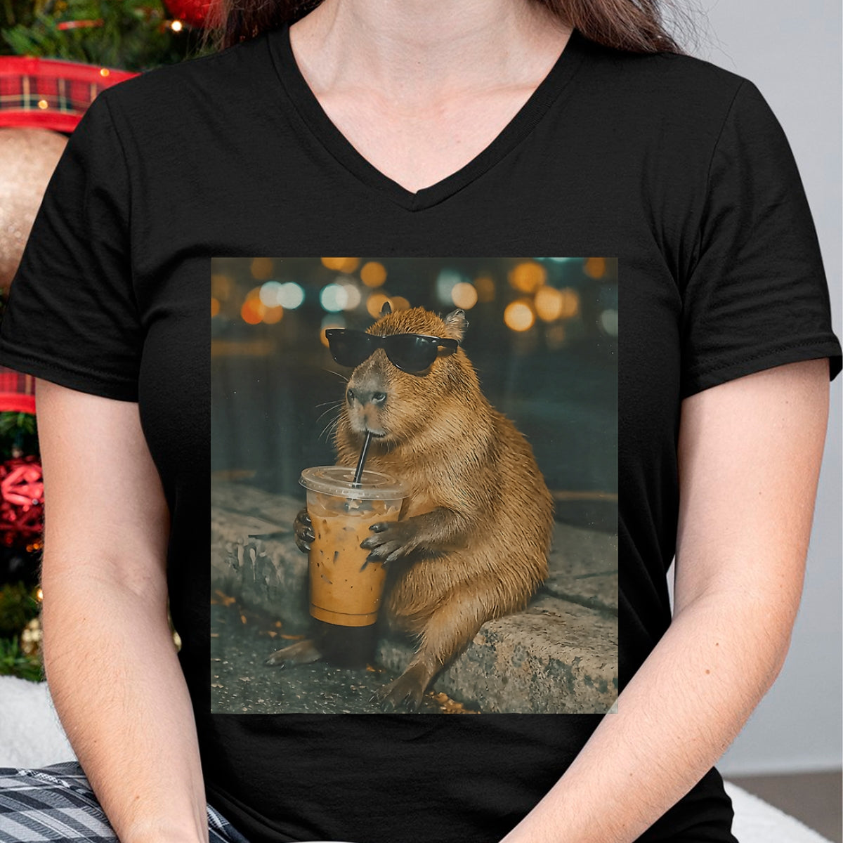 Cute Capybara Shirt, Funny Capybara Unisex T-Shirt/Hoodie/Sweatshirt HLT00 - Funny Capybara Drinking Iced Coffee Cute Animal Meme T-Shirt