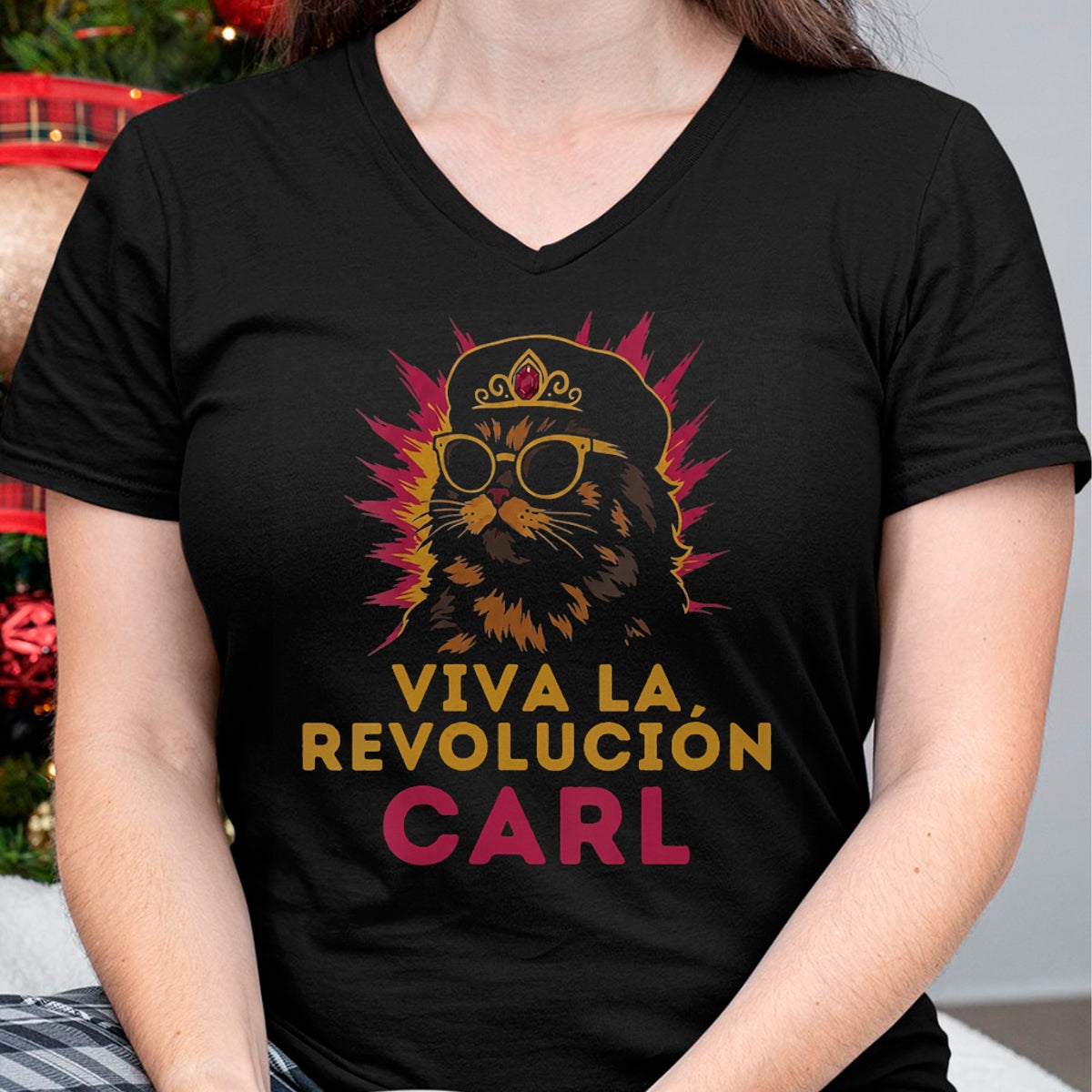 Cat Love Shirt, Funny Cat Lover Gift UnisexT-Shirt/Hoodie/Sweatshirt HLT00 - Women_s Viva La Revolucion Carl Funny Cat V-Neck T-Shirt