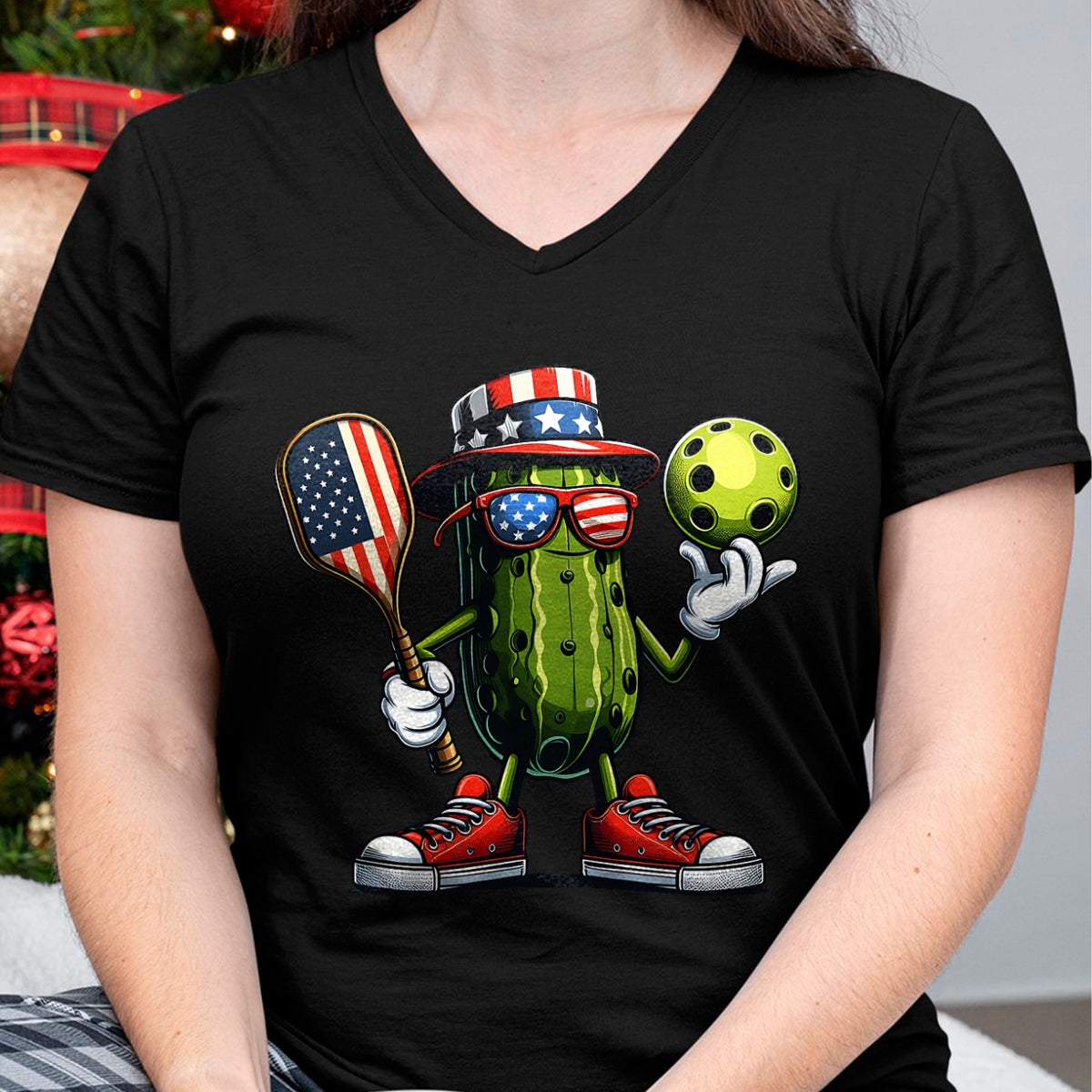 Funny Pickleball Shirt, Pickleball Lover Unisex T-Shirt/Hoodie/Sweatshirt HLT00 - 4th of July Patriotic Pickle Playing pickleball Paddle T-Shirt