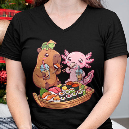 Cute Capybara Shirt, Funny Capybara Unisex T-Shirt/Hoodie/Sweatshirt HLT00 - Cute Capybara Axolotl Sushi Nigiri Bubble Tea Anime Food T-Shirt