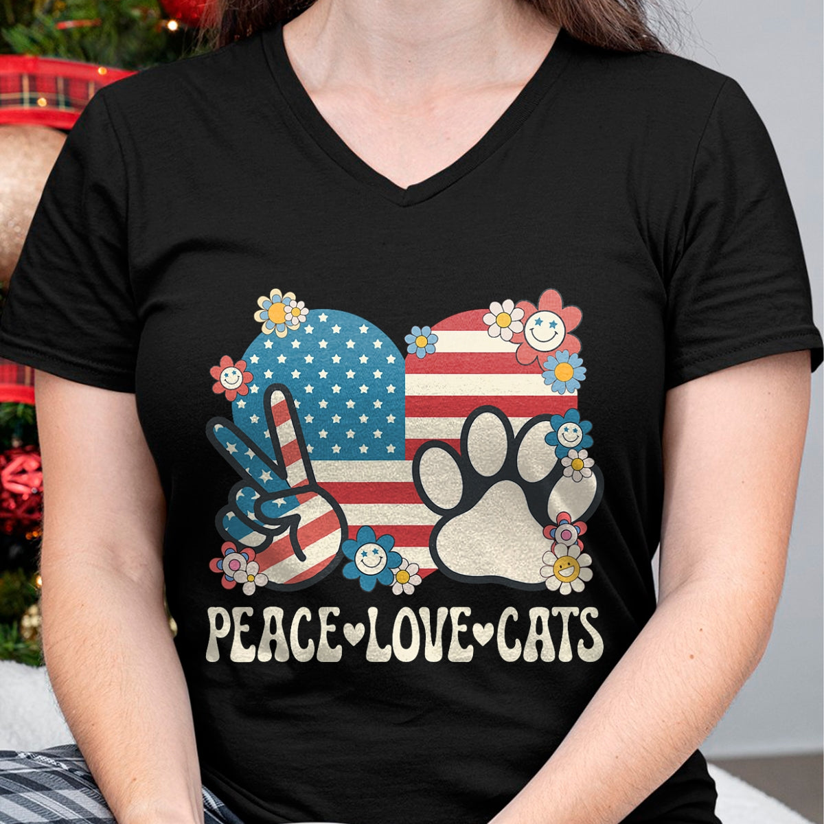 Cat Love Shirt, Funny Cat Lover Gift UnisexT-Shirt/Hoodie/Sweatshirt HLT00 - Peace Love Cats American Flag Patriotic Cat Lover Retro Cat T-Shirt