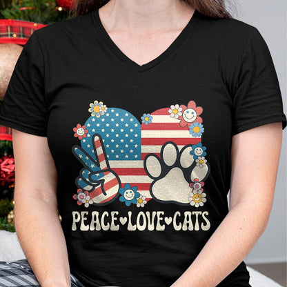 Cat Love Shirt, Funny Cat Lover Gift UnisexT-Shirt/Hoodie/Sweatshirt HLT00 - Peace Love Cats American Flag Patriotic Cat Lover Retro Cat T-Shirt