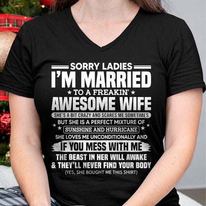 Best Husband Shirt, Wife and Husband Unisex T-Shirt/Hoodie/Sweatshirt HLT00 - Sorry Ladies I_m Married to A Freakin_ Awesome Wife Gift T-Shirt (1)