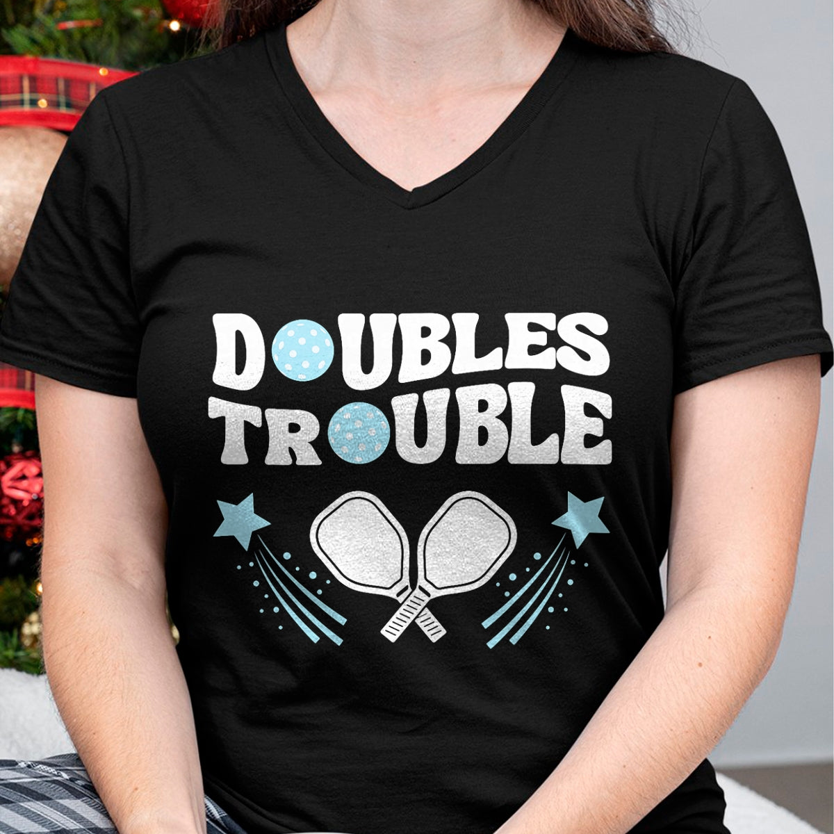 Funny Pickleball Shirt, Pickleball Lover Unisex T-Shirt/Hoodie/Sweatshirt HLT00 - Blue Doubles Trouble Pickleball Tournament Partner Matching T-Shirt