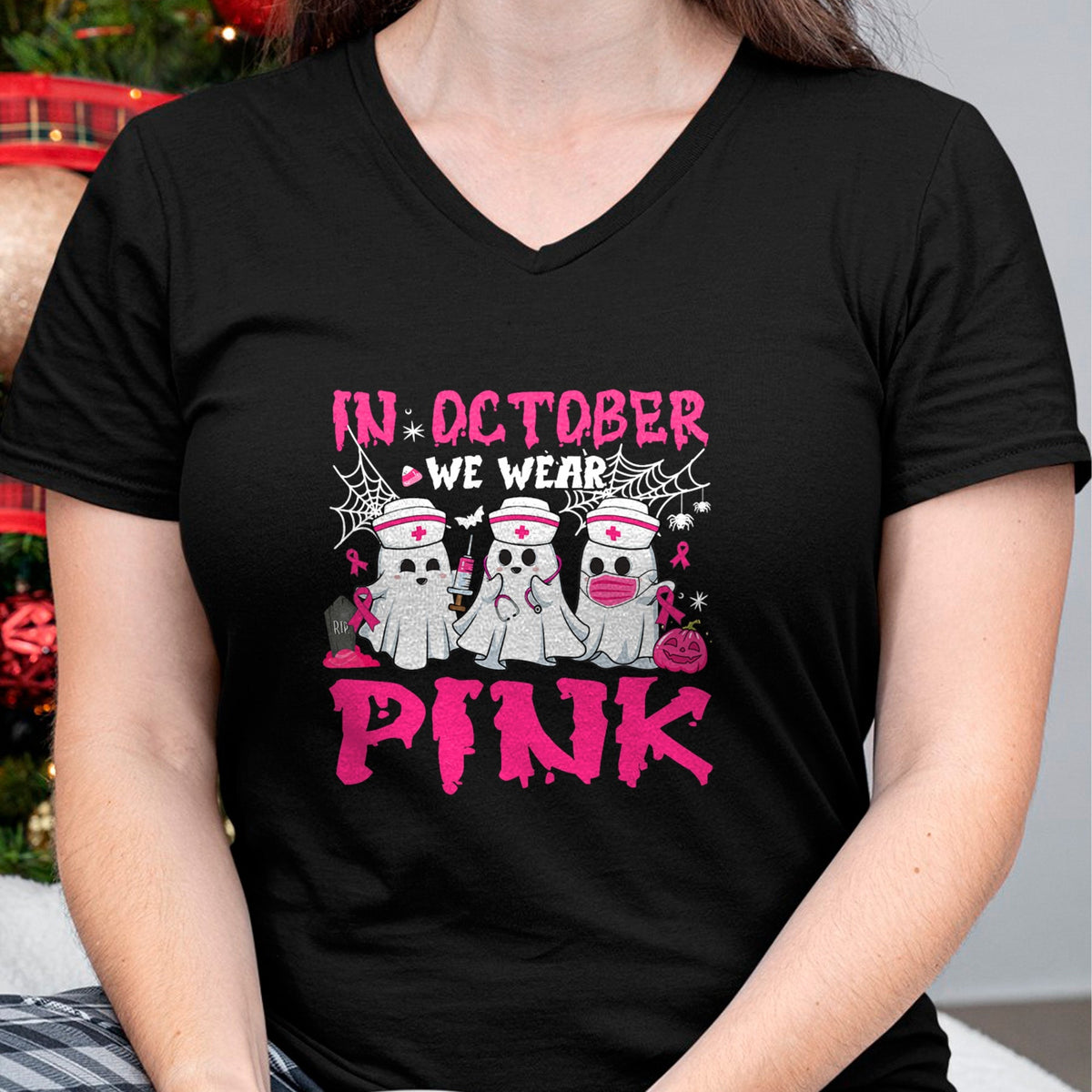 Funny Nurse Shirt, Nurse Unisex T-Shirt/Hoodie/Sweatshirt HLT00 - In October We Wear Pink Nurse Ghost Halloween Breast Cancer T-Shirt