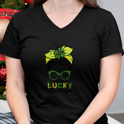 Gift for Mom Shirt, Funny Mom Unisex T-Shirt/Hoodie/Sweatshirt HLT00 - One Lucky Softball Mom Green Saint Patricks Day Messy Bun T-Shirt