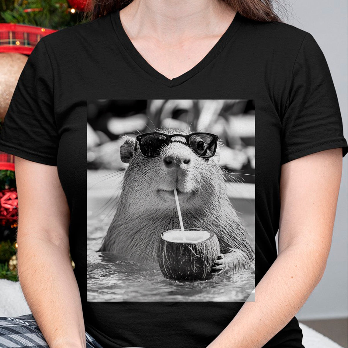 Cute Capybara Shirt, Funny Capybara Unisex T-Shirt/Hoodie/Sweatshirt HLT00 - Capybara Selfie with Sunglasses and Coconut Drink T-Shirt
