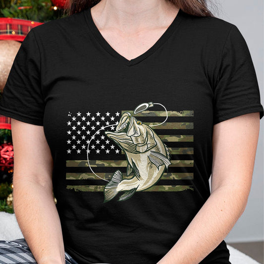 Funny Fishing Shirt, Gift For Fishing Lover Unisex T-Shirt/Hoodie/Sweatshirt HLT00 - Fishing Camouflage US American Flag Bass Fish Fisherman Camo T-Shirt