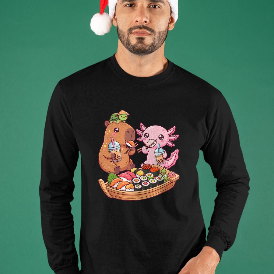 Cute Capybara Shirt, Funny Capybara Unisex T-Shirt/Hoodie/Sweatshirt HLT00 - Cute Capybara Axolotl Sushi Nigiri Bubble Tea Anime Food T-Shirt