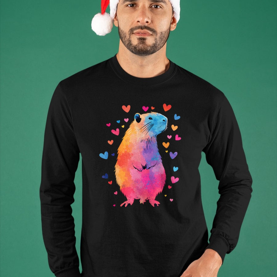 Cute Capybara Shirt, Funny Capybara Unisex T-Shirt/Hoodie/Sweatshirt HLT00 - Colorful Capybara Hearts Long Sleeve T-Shirt
