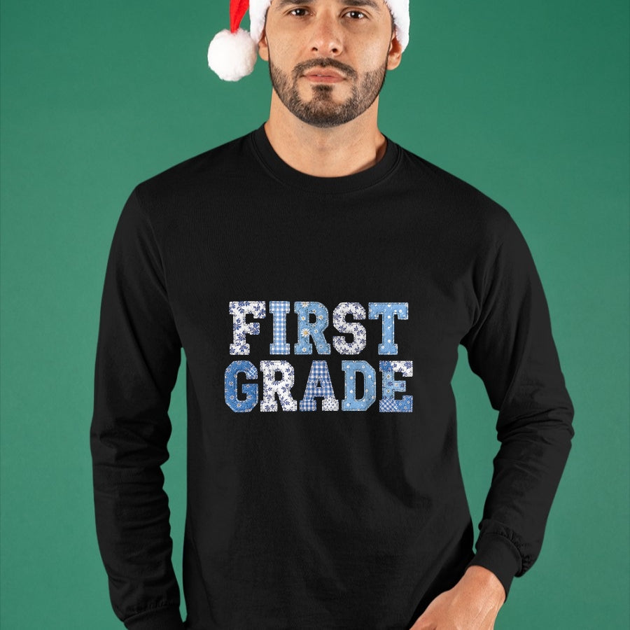 Best Student Shirt, Funny Back To School UnisexT-Shirt/Hoodie/Sweatshirt HLT00 - 1st First Grade Teacher Blue Patchwork Back to School Girls T-Shirt