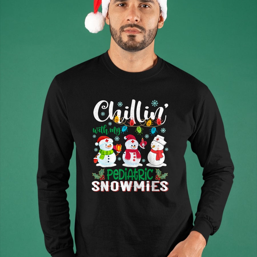 Funny Nurse Shirt, Nurse Unisex T-Shirt/Hoodie/Sweatshirt HLT00 - Chillin With My Pediatric Snowmies Nurse Light Christmas T-Shirt