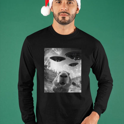 Cute Capybara Shirt, Funny Capybara Unisex T-Shirt/Hoodie/Sweatshirt HLT00 - Funny Capybara Selfie with UFOs Weird Graphic Tee Alien UFO T-Shirt