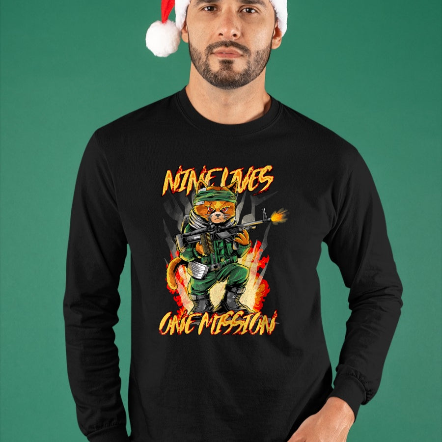 Cat Love Shirt, Funny Cat Lover Gift UnisexT-Shirt/Hoodie/Sweatshirt HLT00 - Nine Lives One Mission Cat with M60 Machine Gun Graphic T-Shirt