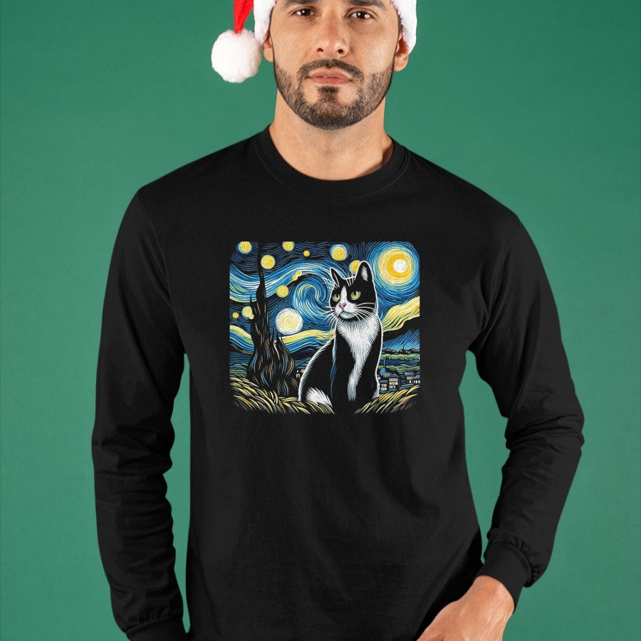 Cat Love Shirt, Funny Cat Lover Gift UnisexT-Shirt/Hoodie/Sweatshirt HLT00 - Tuxedo Cat Starry Night Painting Tuxedo Cat Owner T-Shirt, Men, Black, 3X-Large