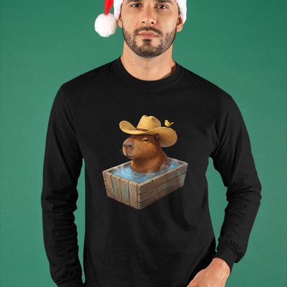 Cute Capybara Shirt, Funny Capybara Unisex T-Shirt/Hoodie/Sweatshirt HLT00 - Cute Capybara Wearing Cowboy Hat in Bathtub Funny Western T-Shirt