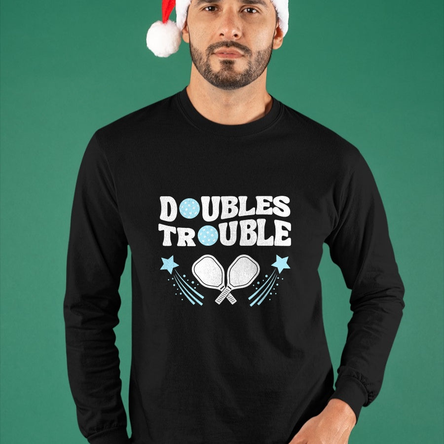 Funny Pickleball Shirt, Pickleball Lover Unisex T-Shirt/Hoodie/Sweatshirt HLT00 - Blue Doubles Trouble Pickleball Tournament Partner Matching T-Shirt