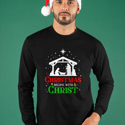 Christian Tee, Christian Faith Unisex T-Shirt/Hoodie/Sweatshirt HLT00 - Christmas Begins With Christ Christian Religious Jesus Xmas T-Shirt