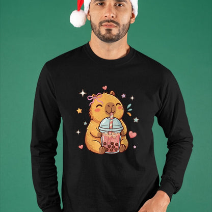Cute Capybara Shirt, Funny Capybara Unisex T-Shirt/Hoodie/Sweatshirt HLT00 - Cute Capybara Anime Drinking Bubble Boba Tea Kawaii Girl Kid T-Shirt