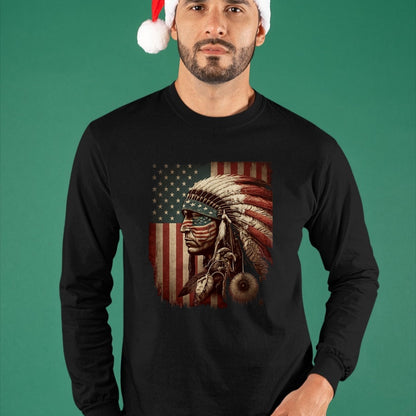 Native American T-Shirts, Vintage Native American Unisex T-Shirt/Hoodie/Sweatshirt HLT00 - Native American Indian Chief American USA Flag (1)