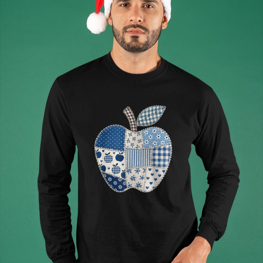 Best Student Shirt, Funny Back To School UnisexT-Shirt/Hoodie/Sweatshirt HLT00 - Blue Patchwork Preppy Apples Back to School Teacher Student T-Shirt